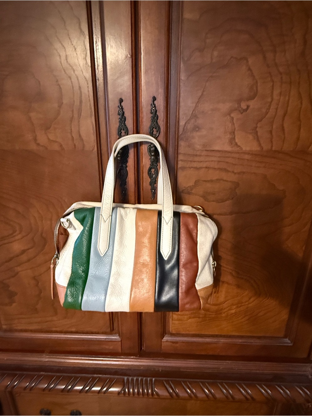 Fossil Multicolor Striped Leather Satchel Handbag - Cream Handles